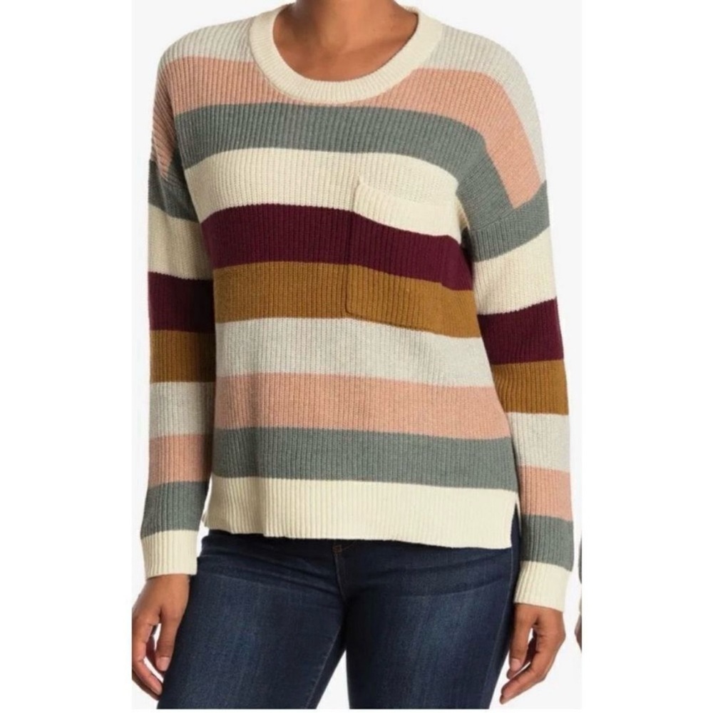 Madewell Thompson Pocket Pullover Sweater in Rainbow Stripe Cotton Blend Size S - Picture 2 of 10